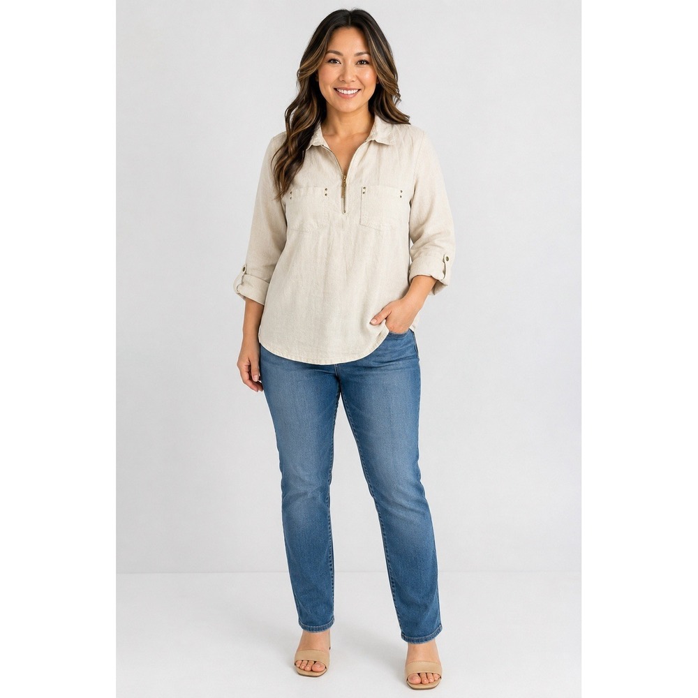 Cathy Beige Linen Blend 1/4 Zip‎ Blouse XL Roll Tab Utility Casual Shirt Top